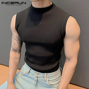 2024 Men's Tank Tops Knitted Solid Color Turtleneck Sleeveless Streetwear Male Vests Summer Fashion Casual Men Clothing INCERUN