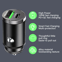 Load image into Gallery viewer, 100W Mini Car Charger Lighter Fast Charging for iPhone QC3.0 Mini PD USB Type C Car Phone Charger for Xiaomi Samsung Huawei
